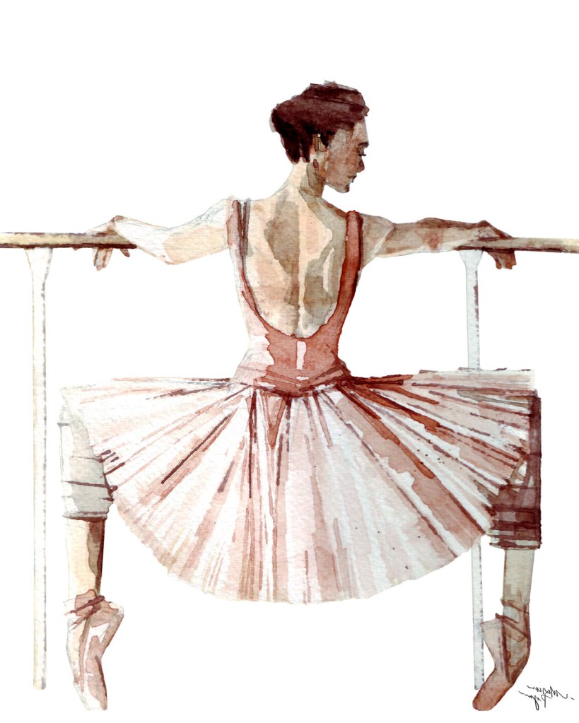 Watercolor painting illustration of a ballerina dancing at the barre