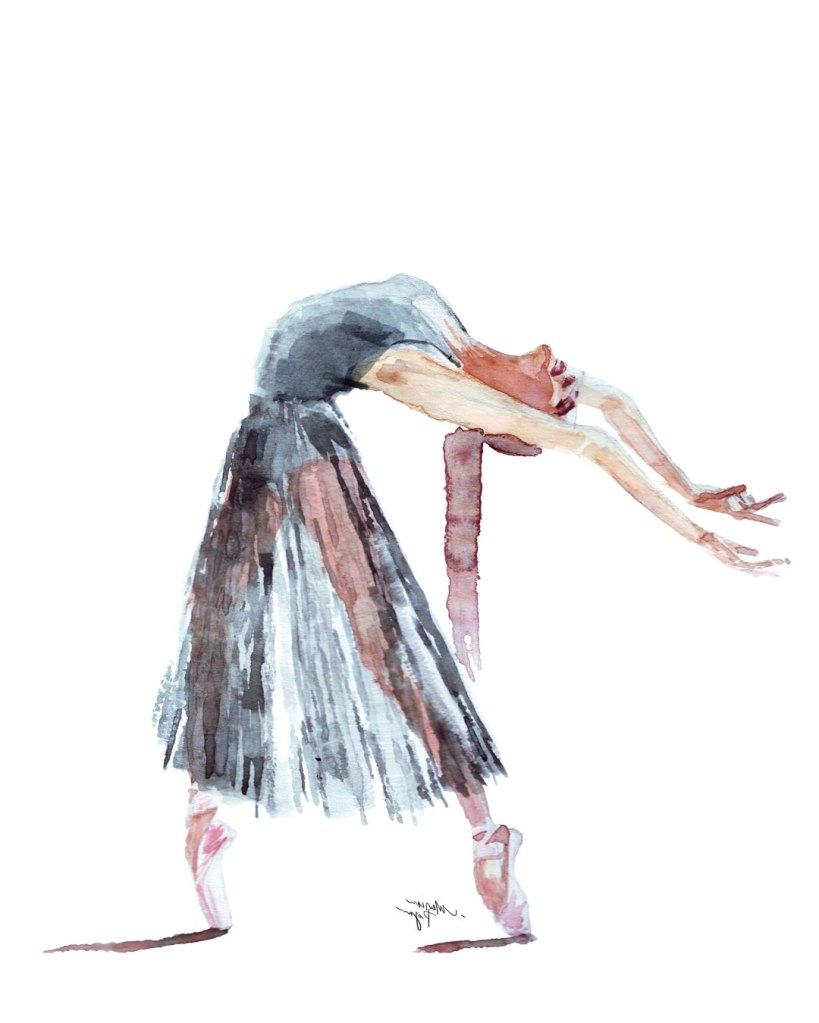 Watercolor painting illustration of a ballerina bending backward, dancing in a green dress.