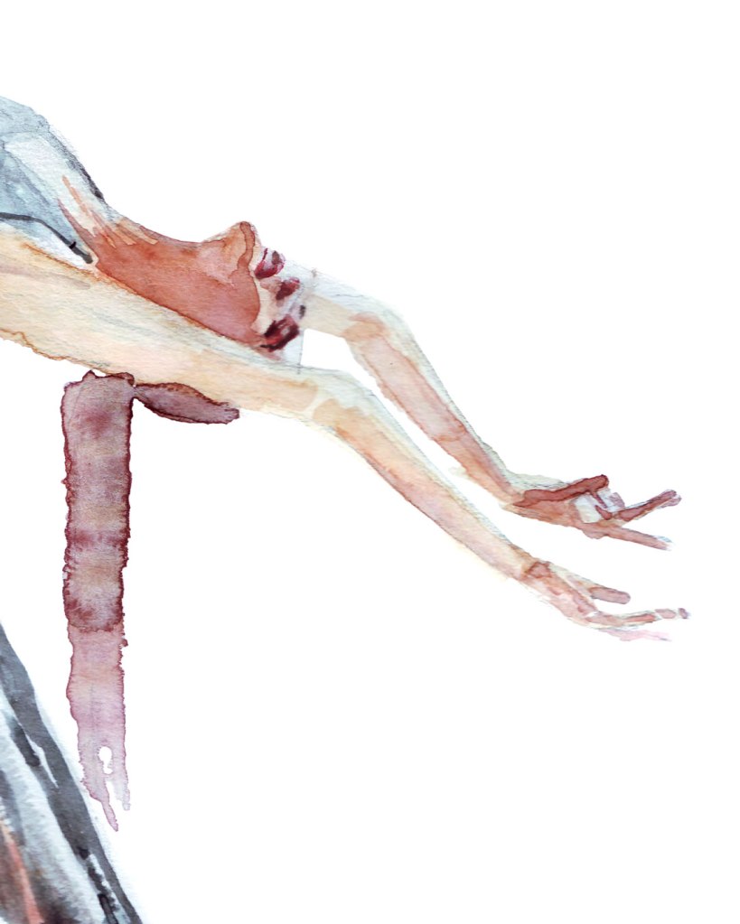Watercolor painting illustration of a ballerina bending backward, dancing in a green dress.