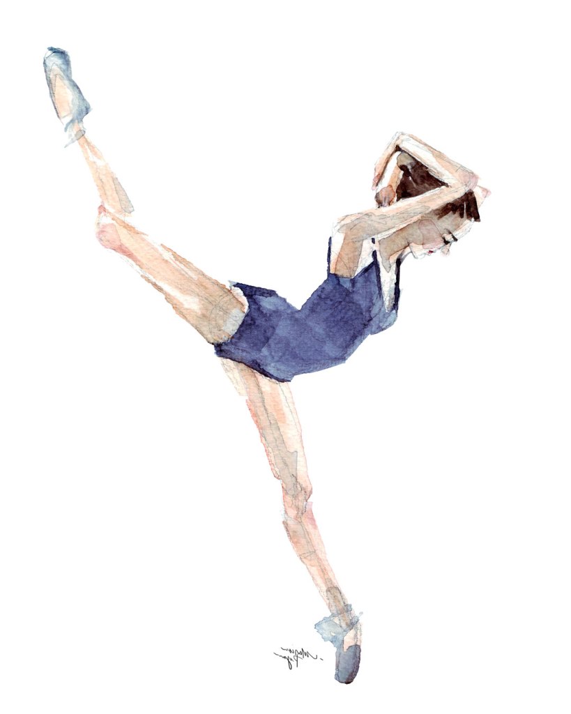Watercolor painting illustration of a ballerina in blue