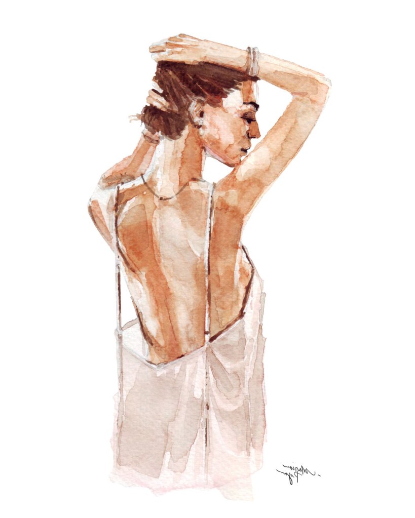 Watercolor painting illustration of young woman in a pink slip