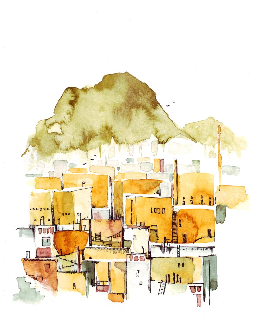 Watercolor painting illustration, a city, with a mountain at its heart.