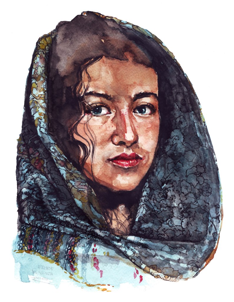 Watercolor painting illustration of a young woman in a blue head scarf