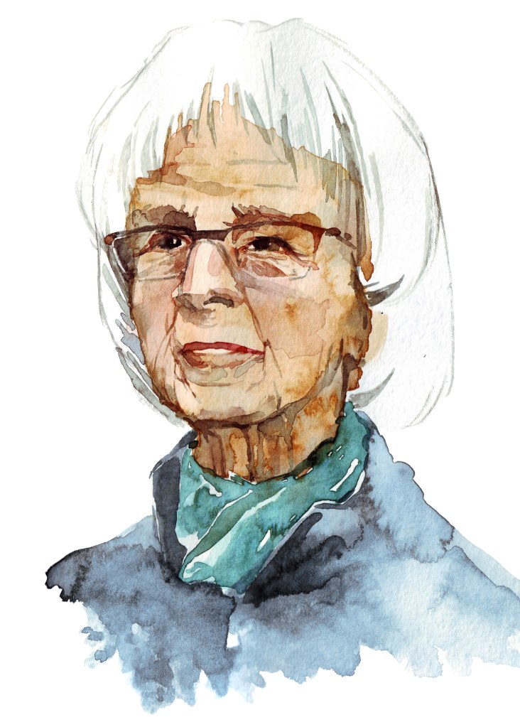 Watercolour painting portrait of senior woman in a blue jacket and green neck scarf. Freelance illustration and custom portraits by Montreal Canadian artist.