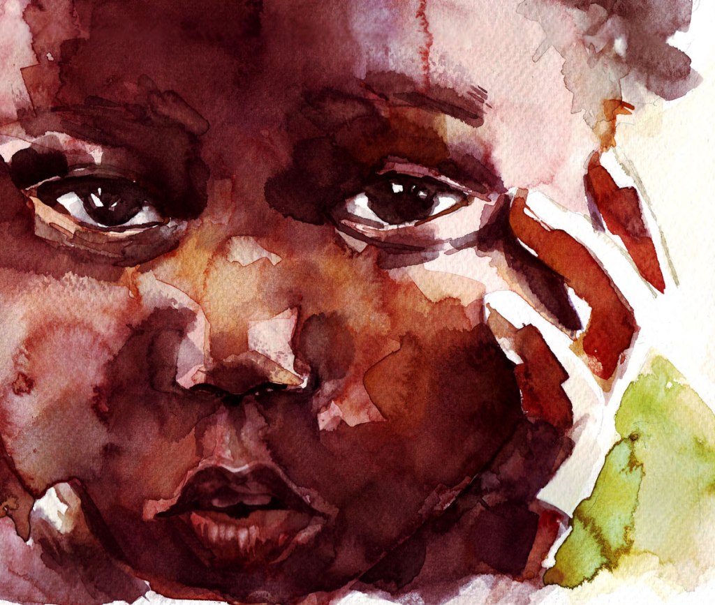 Watercolor painting illustration of a black toddler boy