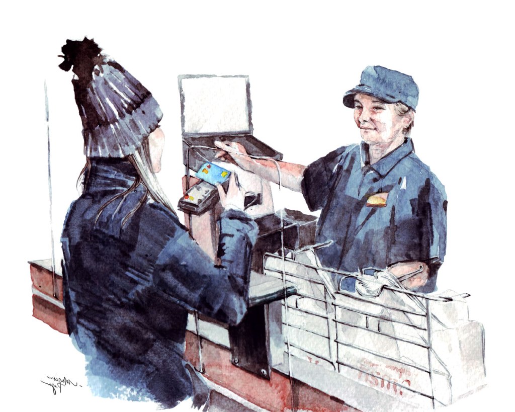 Watercolor painting illustration of a woman paying for groceries facing a cashier during Covid 19 pandemic