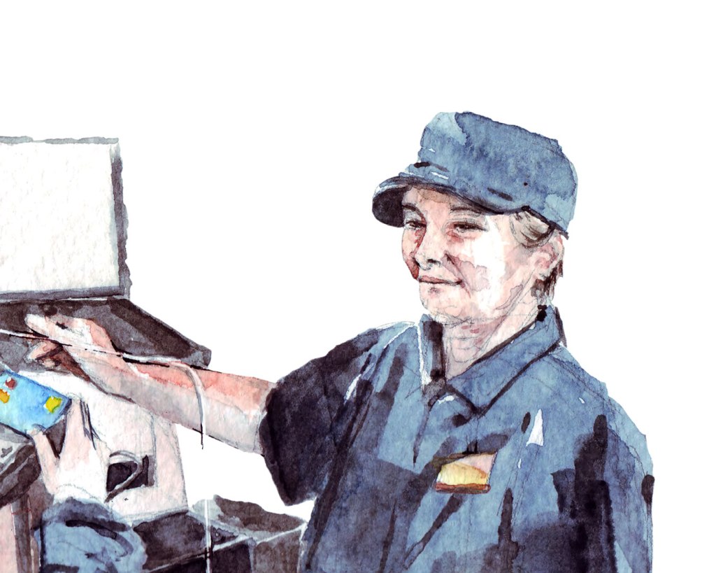 Watercolor painting illustration of a woman paying for groceries facing a cashier during Covid 19 pandemic