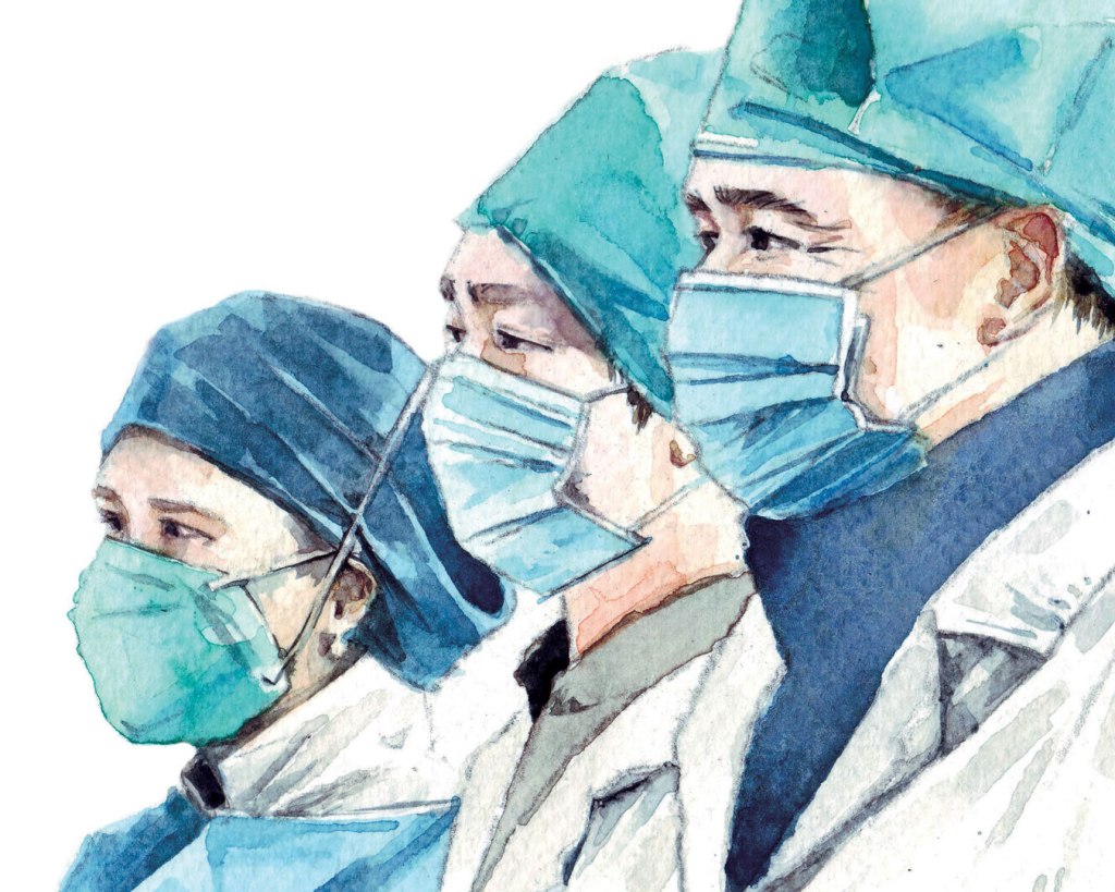 Watercolor painting illustration of health care workers in masks