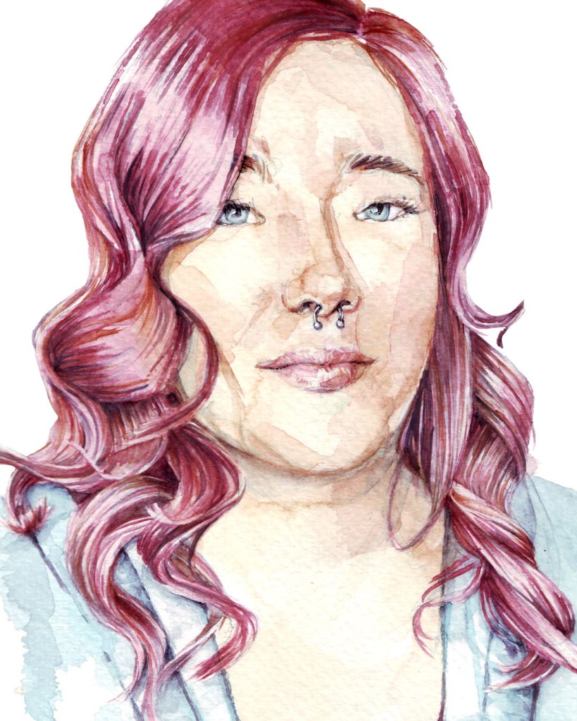Watercolor painting illustration of a woman with lilac pink hair