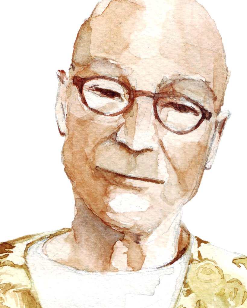 Watercolor painting illustration of Patrick Steward reading a book of Shakespeare sonnets