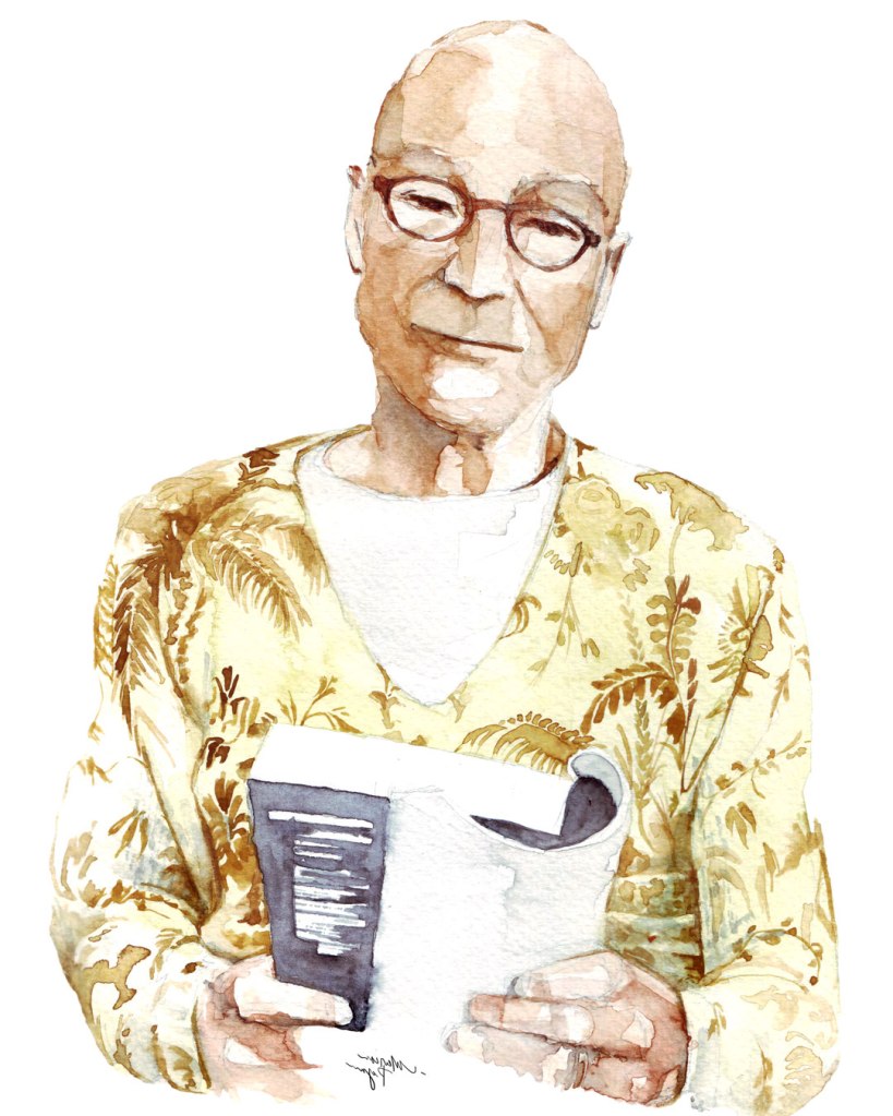 Watercolor painting illustration of Patrick Steward reading a book of Shakespeare sonnets