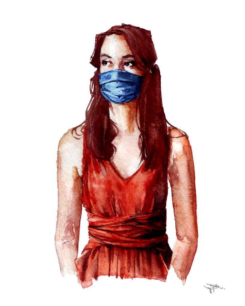 Watercolor painting illustration of a young woman standing in orange jumpsuit wearing a blue medical mask