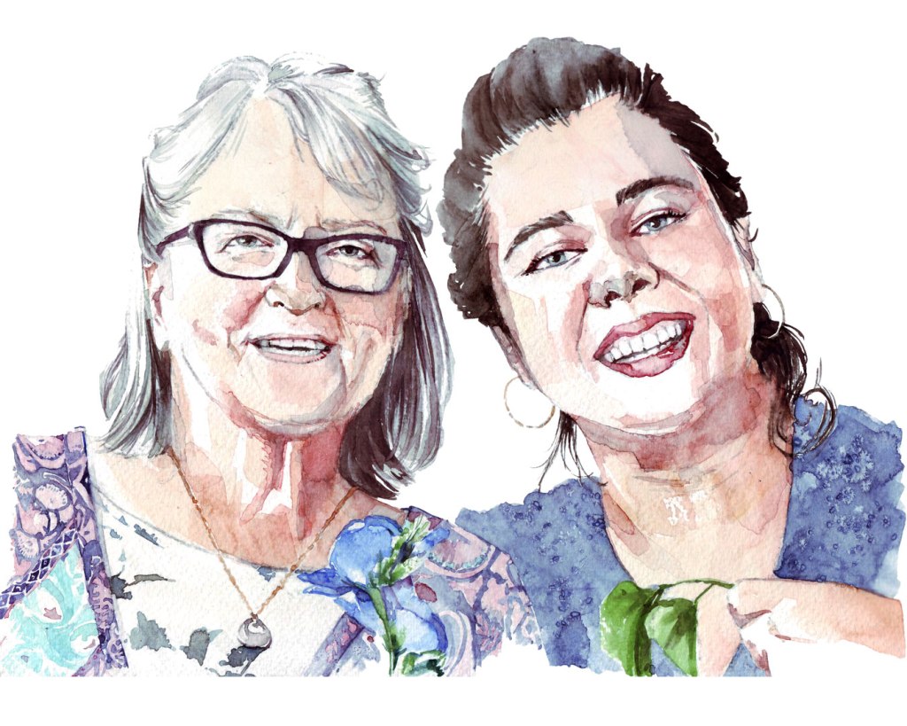Watercolor painting illustration of an elderly lady with a young woman smiling