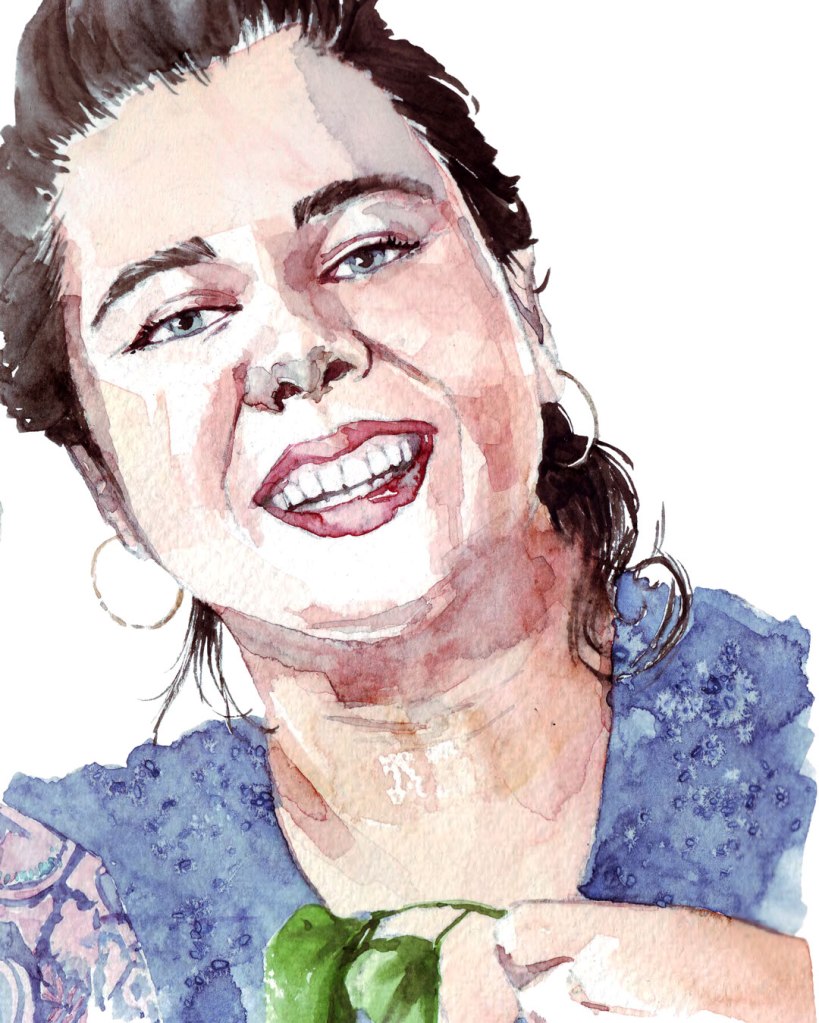 Watercolor painting illustration of a young woman smiling