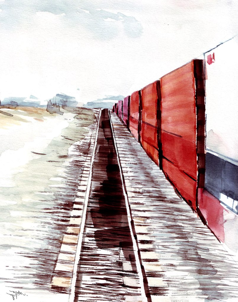 Watercolor painting illustration of box cars train in Alberta, Canada