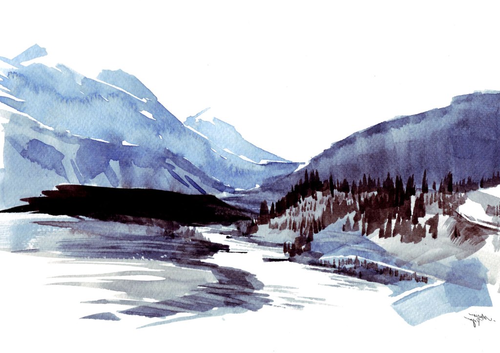 Watercolor painting illustration of mountain landscape with river