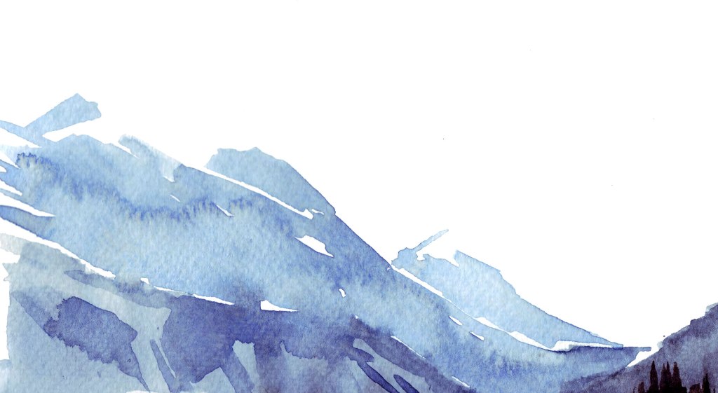 Watercolor painting illustration of mountain landscape with river in British Columbia, Canada,