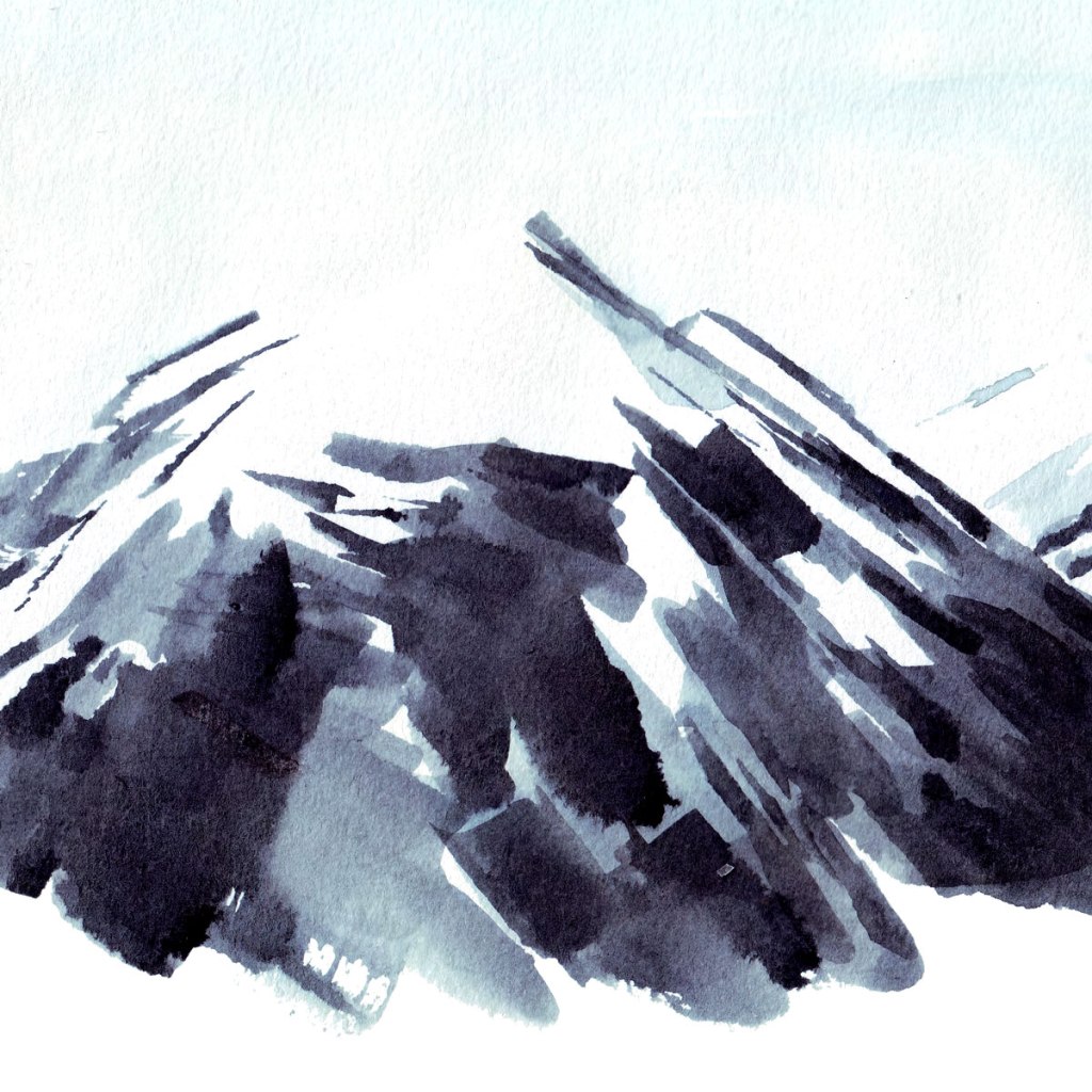 Watercolor painting illustration of Rocky Mountains at Jasper, Canada