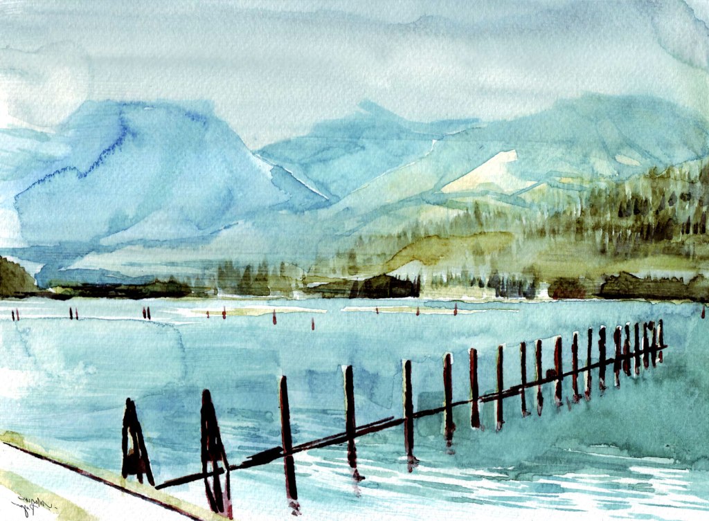 Watercolor painting landscape illustration of mountains and water outside Vancouver, Canada,