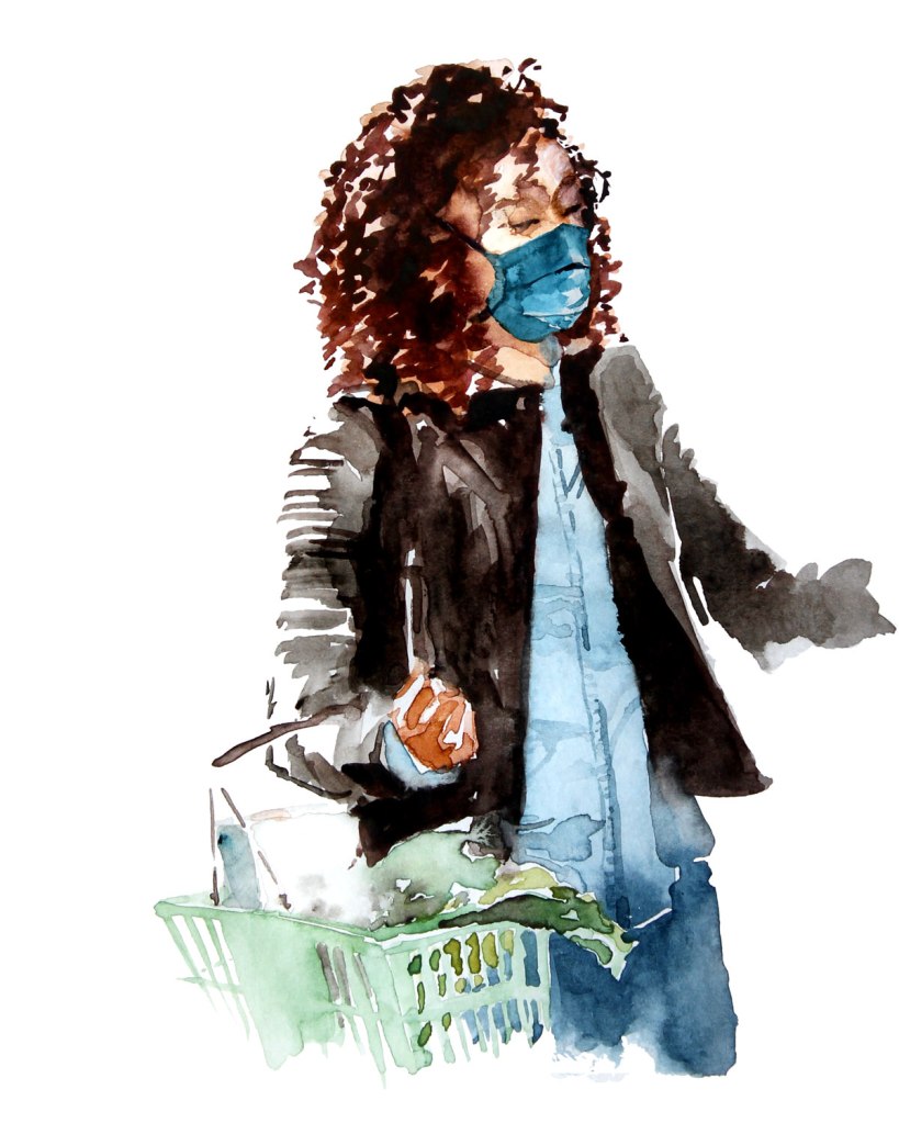 Watercolor painting illustration of a young woman grocery shopping wearing a face mask