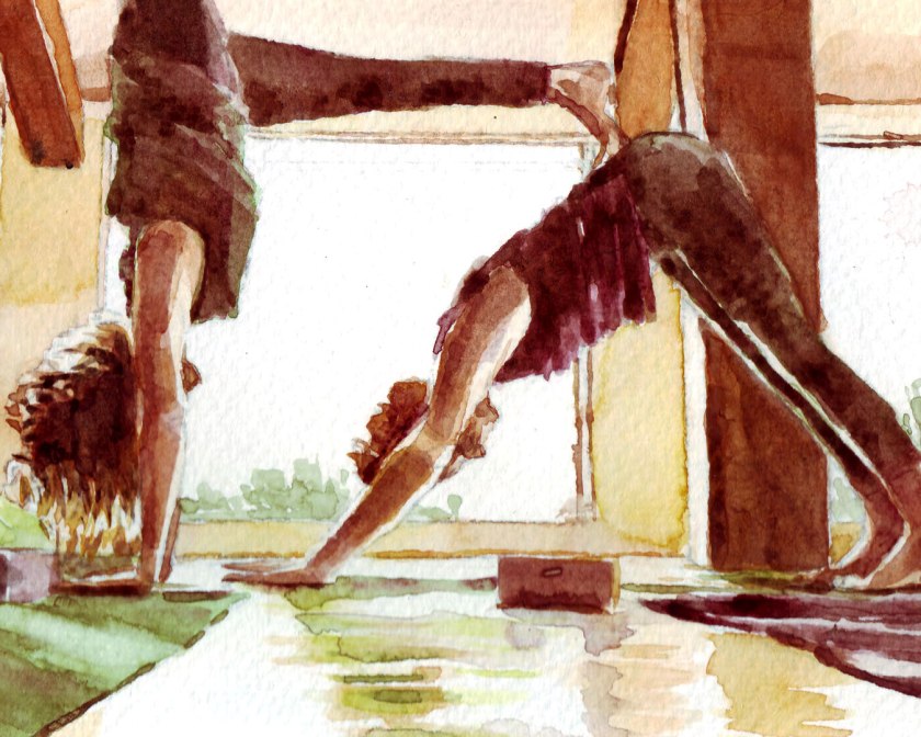 Watercolor painting illustration of two women doing yoga downward dog