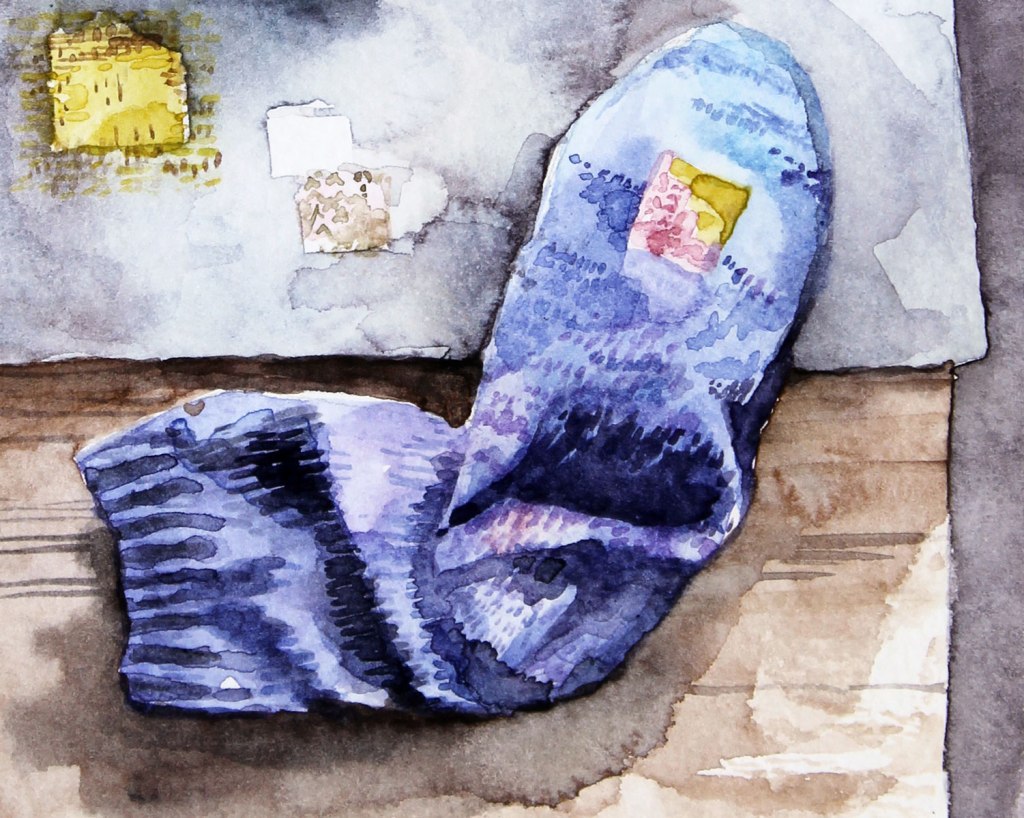 Watercolor painting illustration of sewing and mending: yarn, scissors, needle, and a sock to be darned.