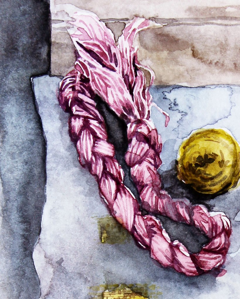 Watercolor painting illustration of sewing and mending: yarn, scissors, needle, and a sock to be darned.