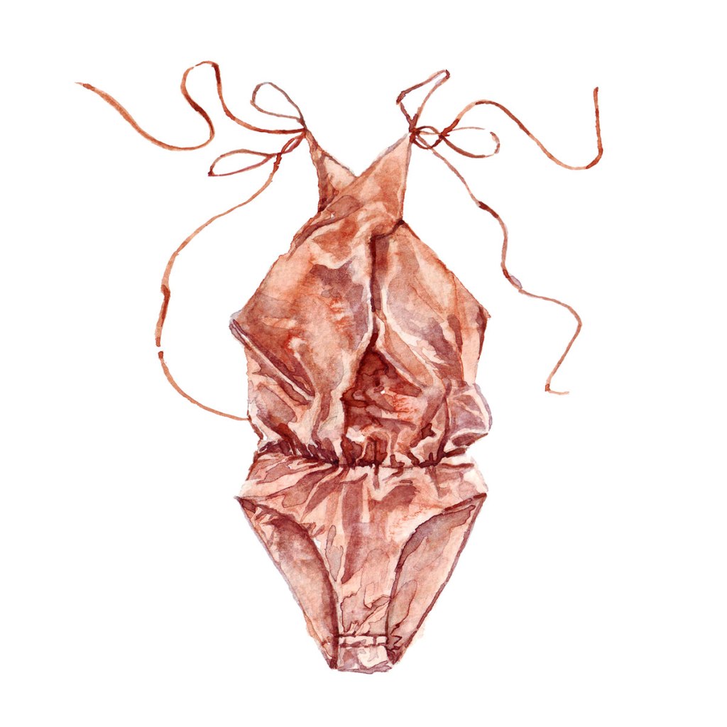 Watercolor painting illustration of coffee coloured silk bodysuit lingerie