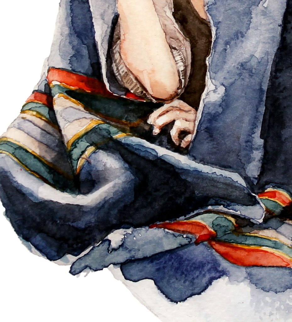 Watercolor painting illustration of blonde woman sitting wrapped in a blue blanket