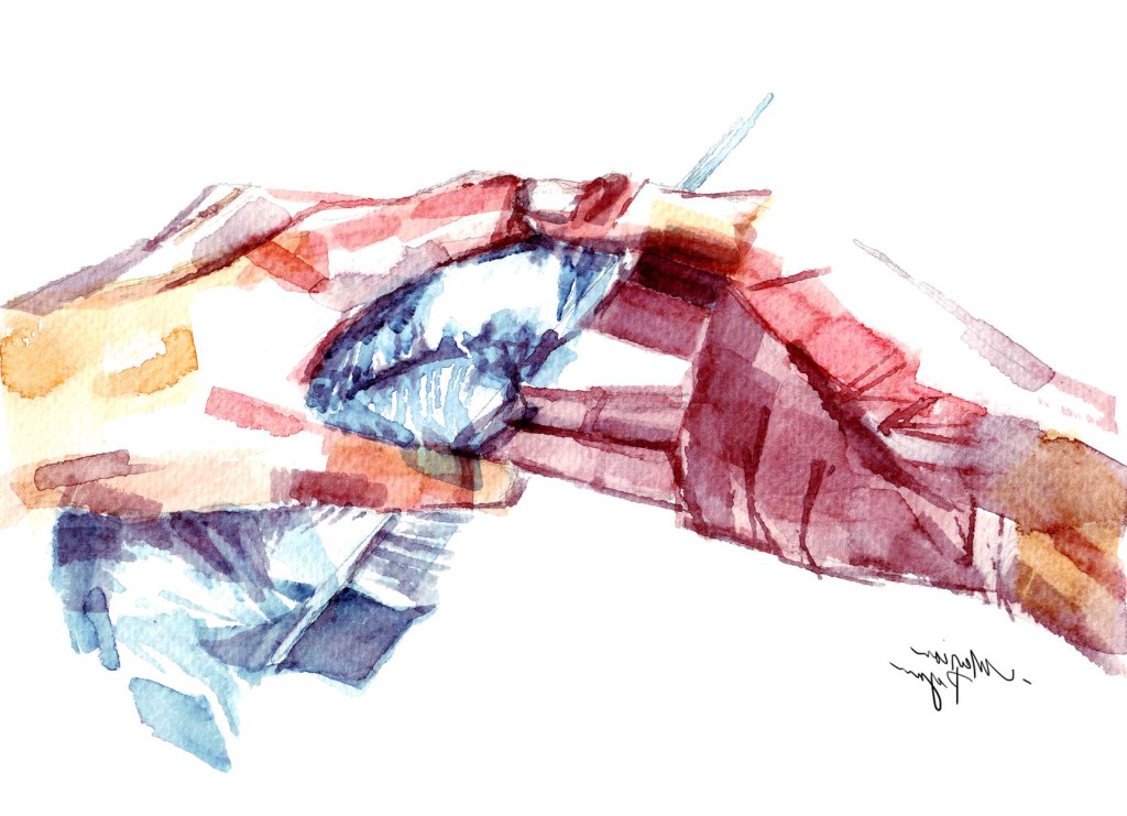 Watercolor painting illustration of hands knitting