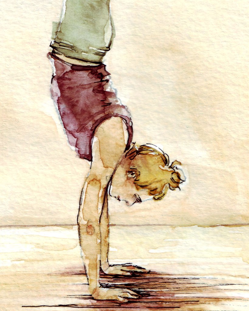 Watercolor painting illustration of blonde woman doing a yoga handstand