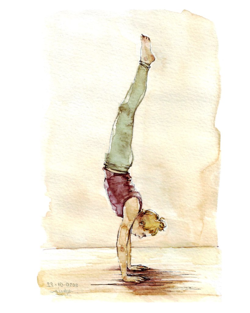 Watercolor painting illustration of blonde woman doing a yoga handstand