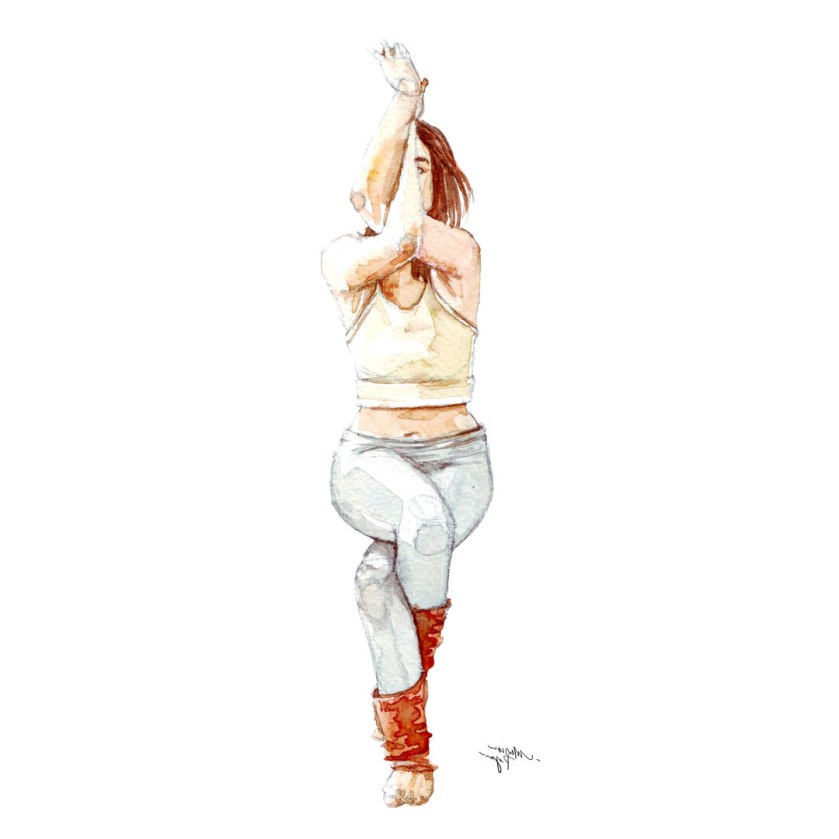 Watercolor painting illustration of young woman doing yoga in eagle pose