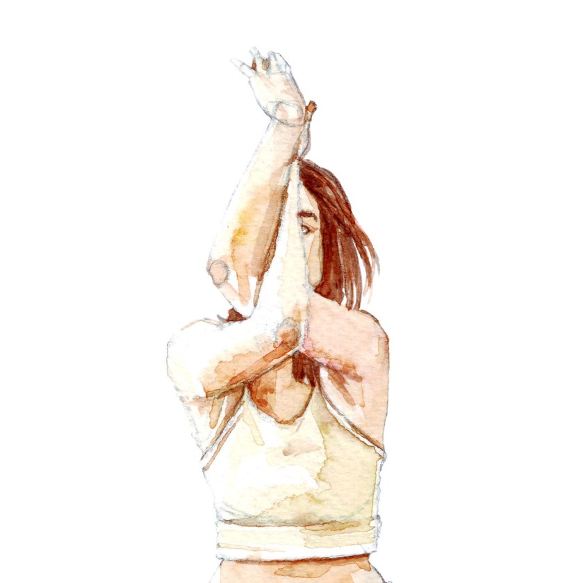 Watercolor painting illustration of young woman doing yoga in eagle pose