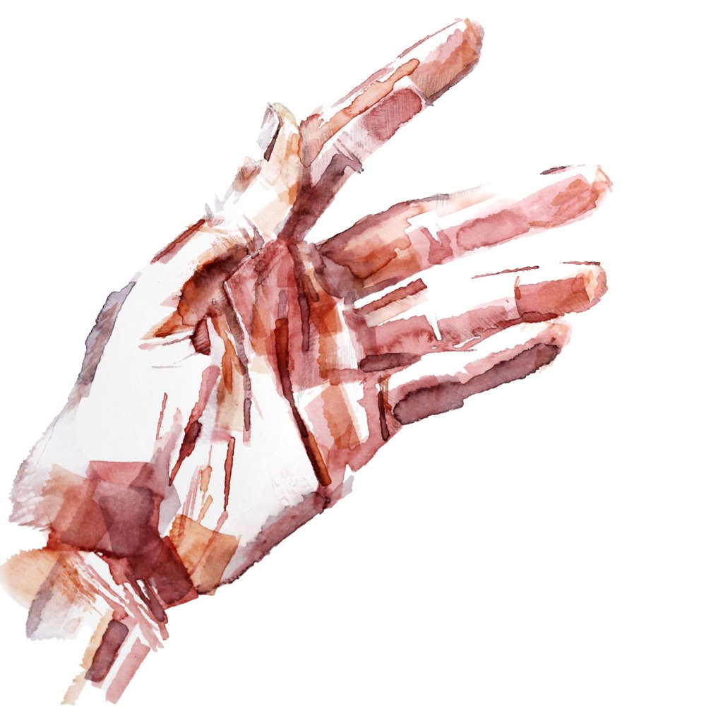 Watercolor painting illustration of the artist's left hand
