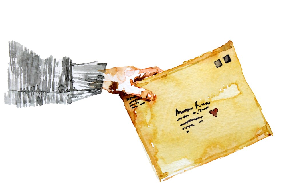 Watercolor painting illustration of a hand holding a package to post