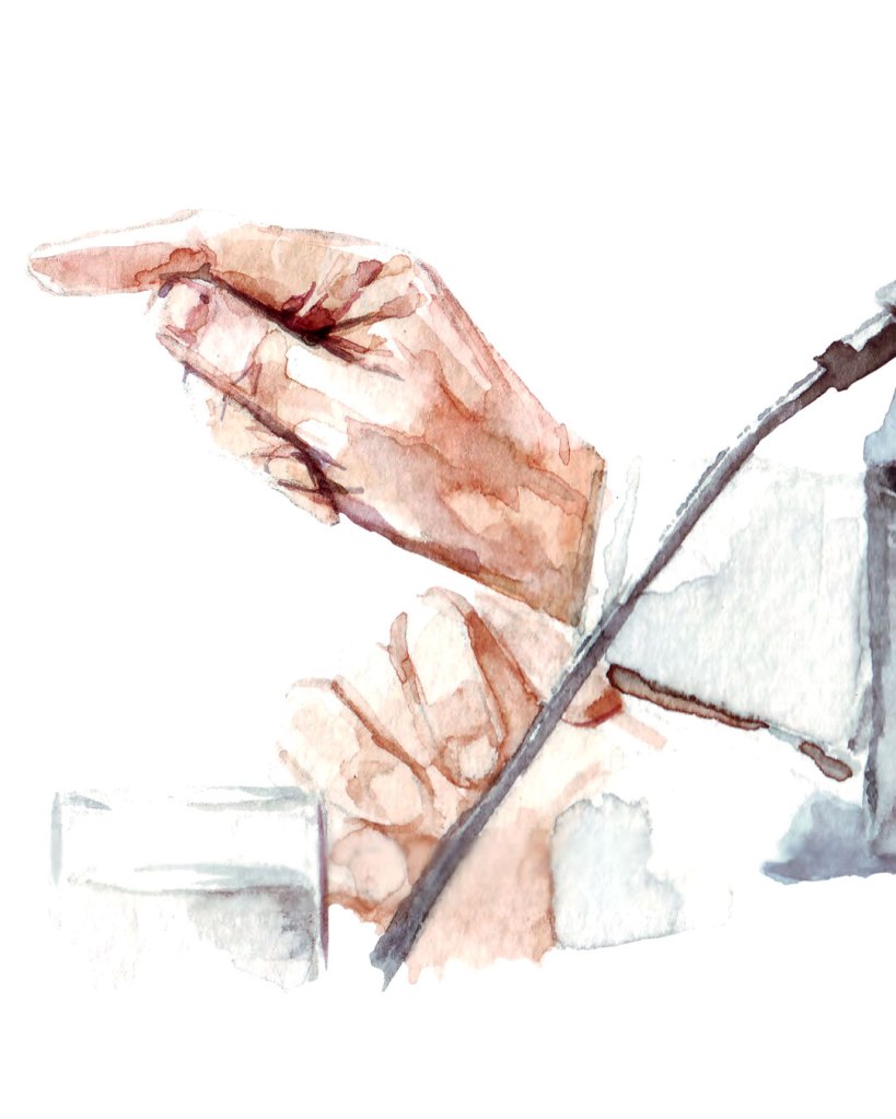 Watercolor painting illustration of Premier Legault and Dr Horacio Arruda. Detail: Hands