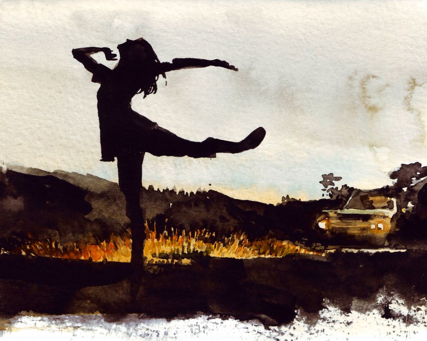 Watercolour painting illustration of a ballet dancer silhouette in front of a parked car. Dance, night, freelance illustration.
