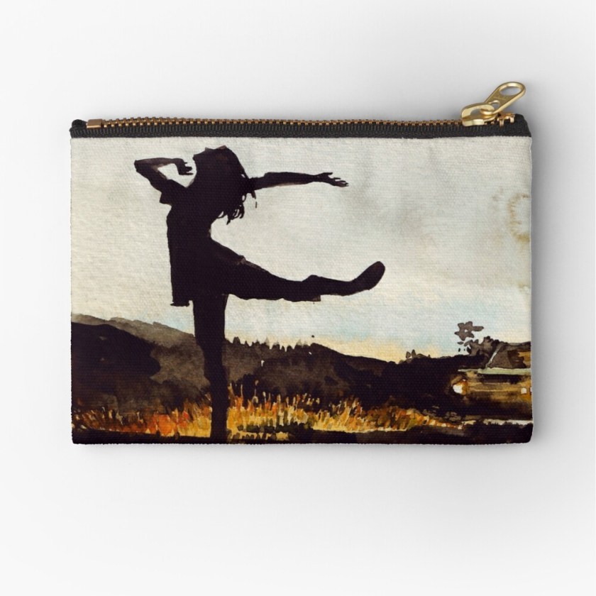 Custom print zip pouches, purses: watercolor painting illustration of a nighttime landscape with a ballet dancer in car headlights. Buy home decor, apparel, accessories and art prints at redbubble.com