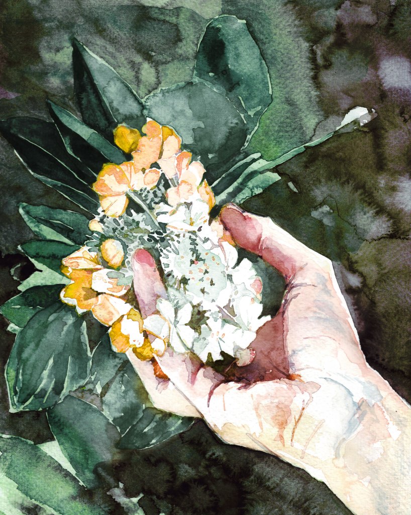 Watercolor painting illustration of a hand holding hydrangea flowers. Flowers are growing outside, on a green leafy bush.