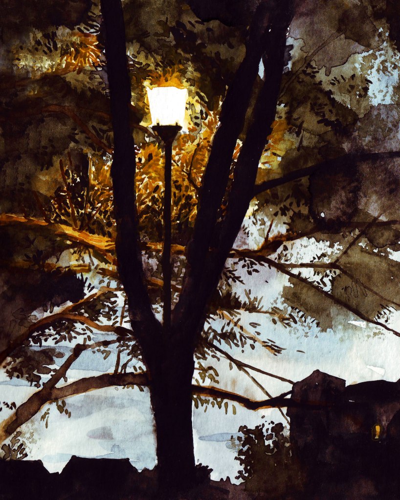 Watercolour painting illustration: cityscape of a lamp under a tree at night with silhouetted of houses. Landscape painting, freelance illustration in Montreal, Canada.