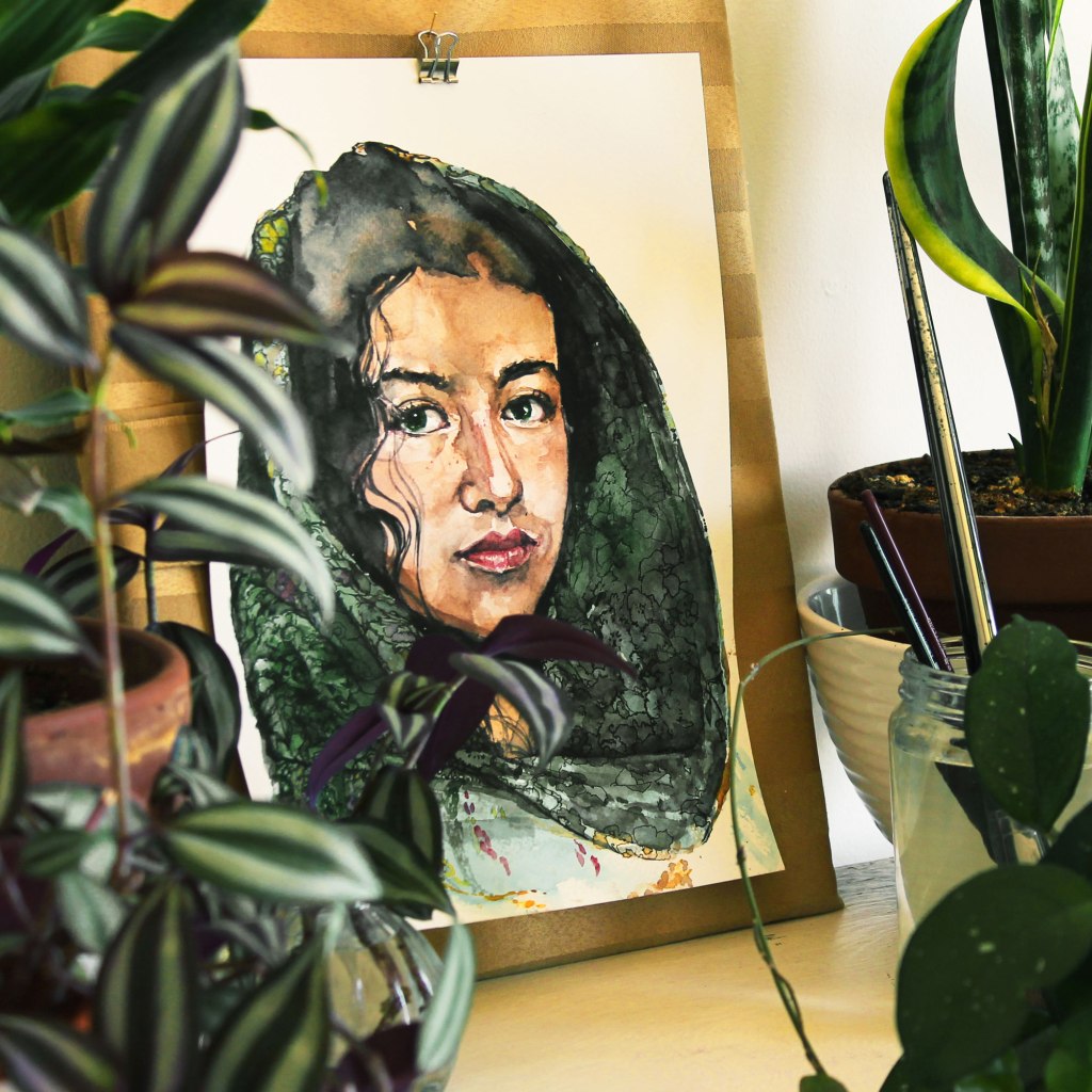 Watercolour painting portrait of young woman in a green scarf, set among houseplants. Freelance illustration and custom portraits by Montreal Canadian artist.