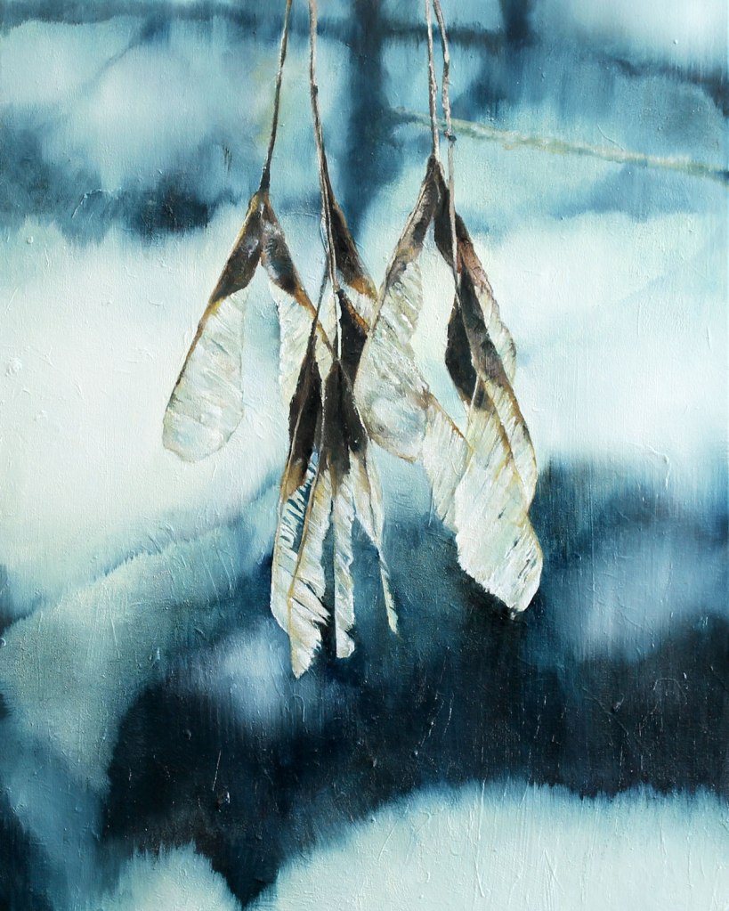 Oil painting illustration of maple keys on a branch against a blue background