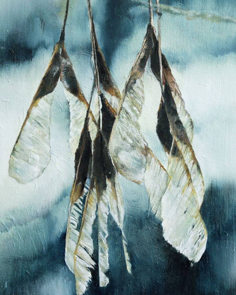 Oil painting illustration of maple keys on a branch against a blue background