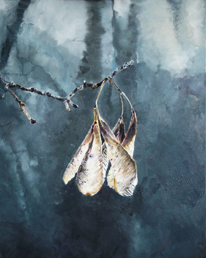 Oil painting illustration of maple keys on a branch against a blue background